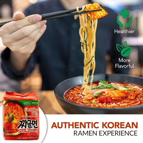Miniatura 3 de Pulmuone - Fideos coreanos Ramyun no fritos, paquete de 4 fideos instantáneos coreanos sabor a estofado de kimchi, fácil de cocinar, auténtico ramen