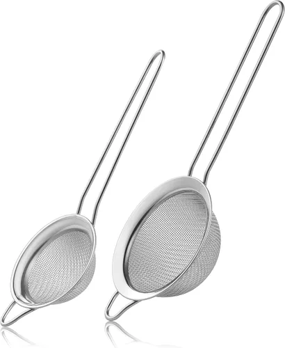 Paquete de 2 coladores de malla fina, mini colador de acero inoxidable con asa para cocina, tamices de metal para colar té, matcha, cóctel, jugo y