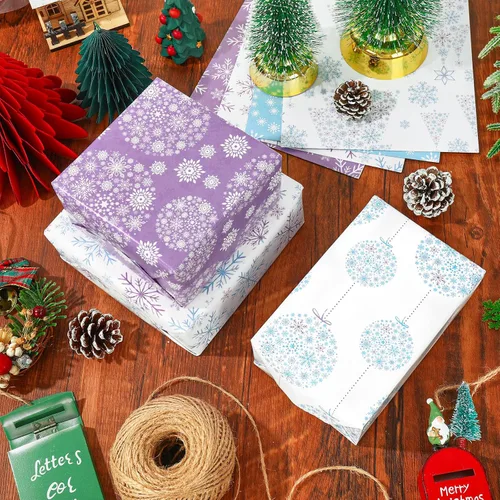 Miniatura 5 de 12 hojas de papel de regalo de Navidad de invierno, papel de regalo de copo de nieve azul morado para manualidades, embalaje de regalo, 19.7 x 27.6