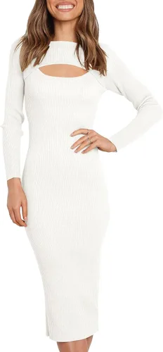 LOGENE Vestido tipo suéter acanalado de manga larga para mujer, cuello redondo, corte entallado, de punto por debajo de la rodilla