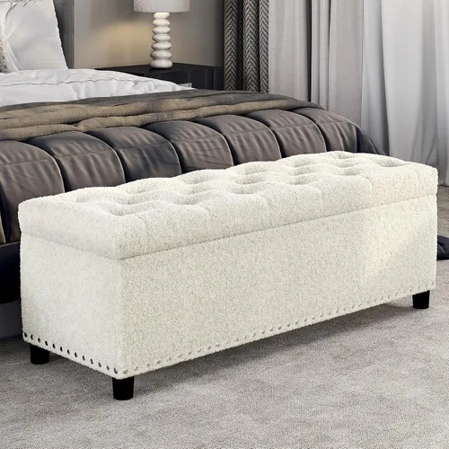 Miniatura 11 de BELLEZE Otomana de almacenamiento, otomana copetuda con bisagra de cierre, reposapiés para sala de estar (beige, 31 pulgadas)