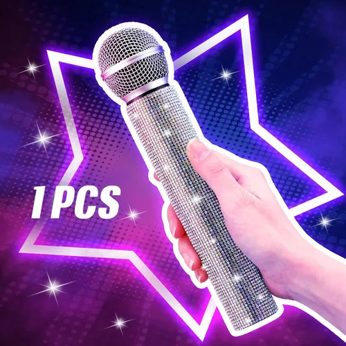 Miniatura 4 de Sanwuta Micrófono falso con diamantes de imitación brillantes, micrófono de juego de plástico con purpurina para disfraz de fiesta de cosplay