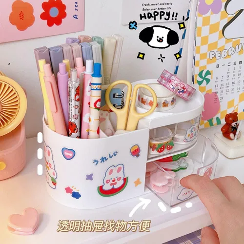 Miniatura 6 de Organizador de escritorio Kawaii con cajones para adolescentes y niñas, lindo organizador de escritorio Kawaii con calcomanías, suministros Rosa