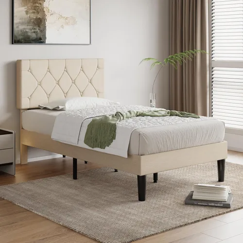 Miniatura 3 de VECELO Base de cama tamaño individual con cabecera capitoné con botones, base de cama tapizada con soporte de listones de madera, no necesita Beige
