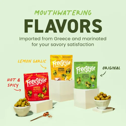 Miniatura 3 de Paquetes de aperitivos de aceitunas Freestyle Snacks - Como se vio en Shark Tank - Aceitunas verdes frescas sin hueso, 3 sabores, cultivadas