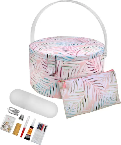 SINGER Cesta de Costura Grande Redonda Premium con Bolsa de Cremallera a Juego y Kit de Costura de Emergencia | 30% Más Volumen de Almacenamiento