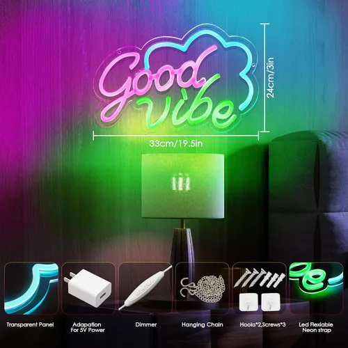 Miniatura 2 de Good Vibe - Letrero de neón con luces LED de neón rosadas, decoración de pared para dormitorio, letrero LED alimentado por USB para decoración