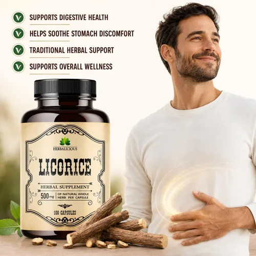 Miniatura 2 de Raíz de regaliz 100 cápsulas – Glycyrrhiza Glabra orgánica pura – Suplemento herbal para la comodidad digestiva y el bienestar general – Sin OMG