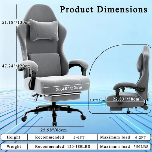 Miniatura 6 de Silla ergonómica para videojuegos, silla de videojuegos con soporte lumbar de masaje y reposapiés, silla de computadora de tela ajustable en altura