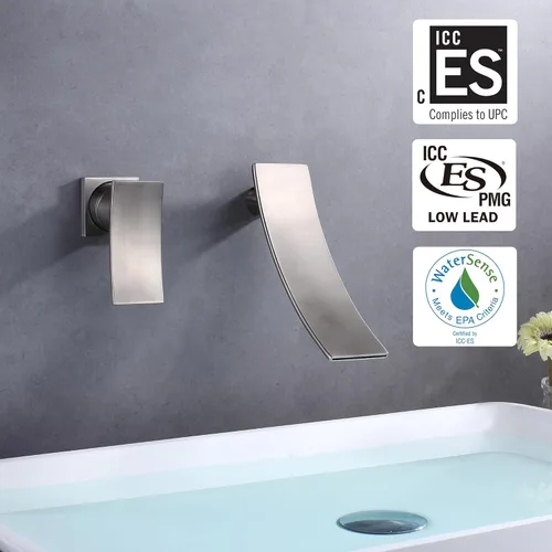 Miniatura 2 de sumerain Grifo de baño de cascada de níquel cepillado Grifo de lavabo de montaje en pared, diseño zurdo