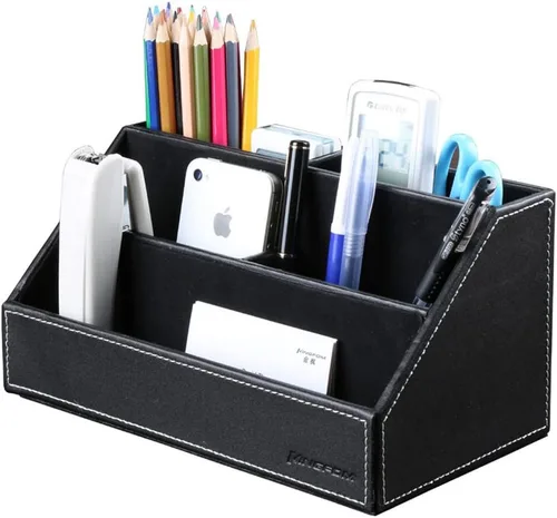 KINGFOM™ Caja de almacenamiento y organizador de papelería multifunción para escritorio; estructura de madera y piel para la oficina del hogar; Negro