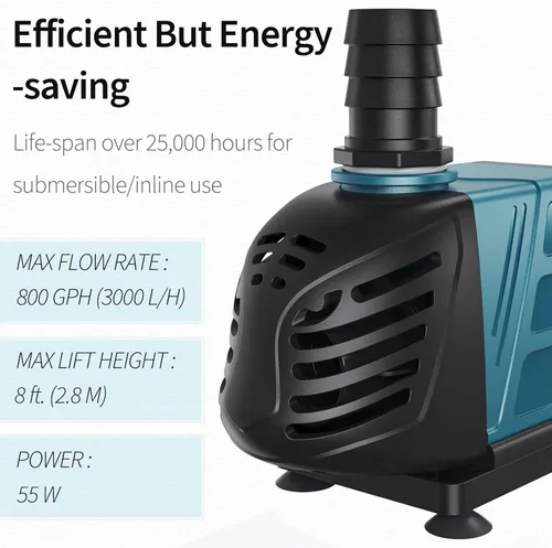 Miniatura 2 de Uniclife Bomba de agua sumergible y en línea de 800 GPH para acuario, 55 W, 8 pies, bomba de retorno silenciosa CA de 120 V con cable