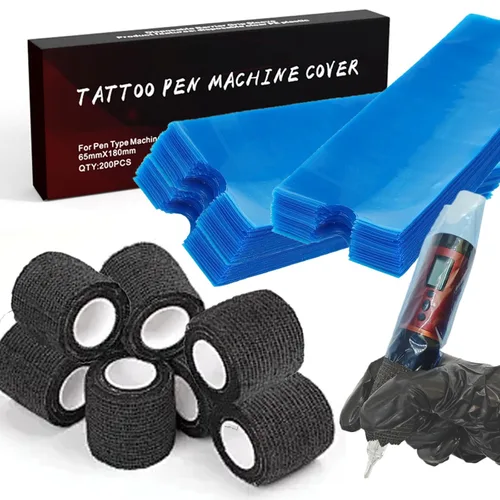 200 fundas grandes para bolígrafos de máquina de tatuaje y 8 envolturas de cinta de agarre, fundas desechables Yugui para armas, envolturas de