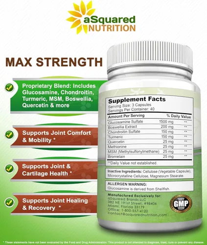 Miniatura 6 de aSquared Nutrition Glucosamina condroitina cúrcuma MSM Boswellia - 120 cápsulas - Suplemento de apoyo articular - Píldoras de alivio de apoyo