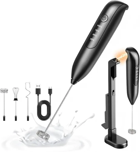 Dynooper Espumador de Leche Eléctrico de Mano: espumador de café recargable 3 en 1 - Pantalla LED, Carga Inalámbrica - 3 Velocidades, Batidor de