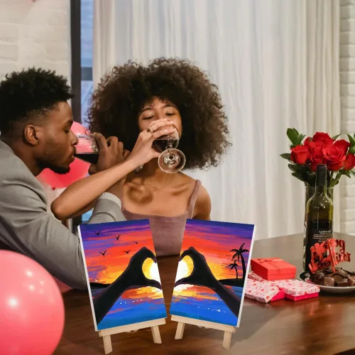 Miniatura 3 de VOCHIC Kit de pintura para sorbos y pinturas, lienzo predibujado para parejas, kit de pintura para adultos, citas, noche, atardecer, corazón