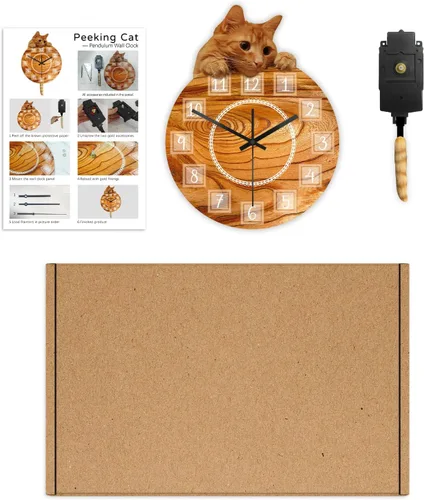 Miniatura 7 de Reloj de gato con cola móvil, reloj de pared oscilante de péndulo de gato, silencioso, sin tictac, funciona con pilas, fácil de montar, reloj