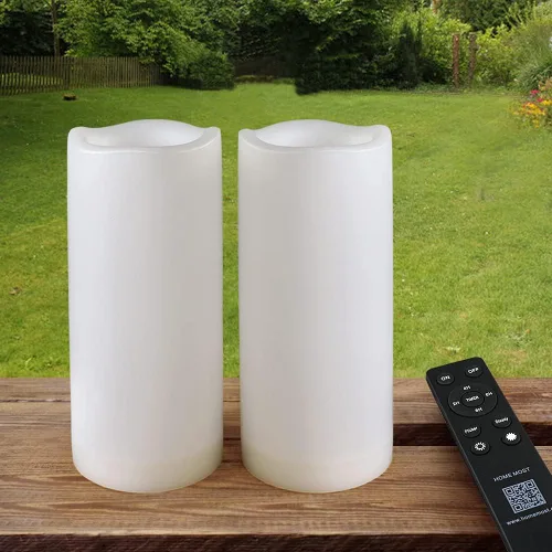 Miniatura 9 de Paquete de 2 velas LED blancas para exteriores de 3 x 8 pulgadas, sin perfume, IP65, impermeable, funciona con pilas, pilar sin llama con control