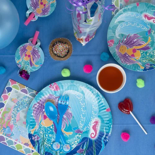 Miniatura 6 de Paquete de fiesta temática de sirena, platos de papel desechables, vasos, servilletas, tenedores, cucharas, bolsas de regalo y sopladores de fiesta