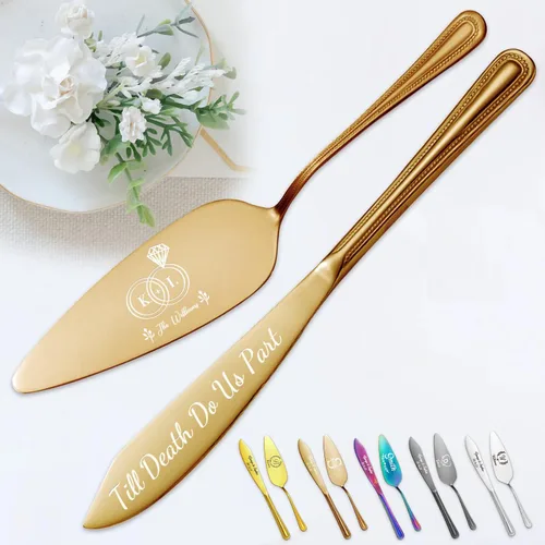 Miniatura 18 de Juego personalizado de corte de pasteles para boda, servidor de pastel de boda grabado gratis, cuchillo de pastel de acero inoxidable y juego