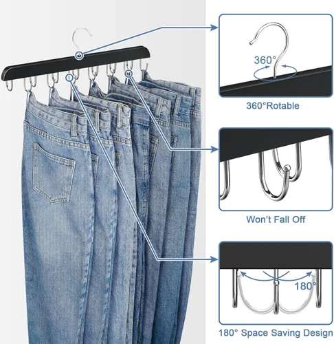 Miniatura 4 de Ganchos para jeans para armario, 14 ganchos de madera para jeans que ahorran espacio, ganchos giratorios de 180° para faldas, pantalones cortos