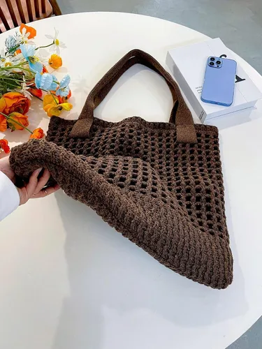 Miniatura 70 de ENBEI Bolsa de playa para mujer, diseño hueco de punto de ganchillo, elegante para la playa, viajes y uso diario