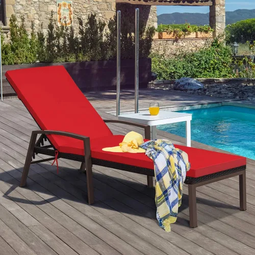 Miniatura 7 de RELAX4LIFE Tumbona para exteriores, silla de piscina de ratán ajustable de 5 posiciones con cojín, silla reclinable, marco de metal, tumbona de Rojo