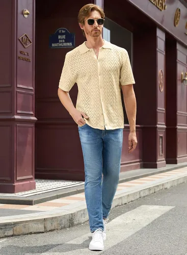 Miniatura 8 de JMIERR Suéter casual de punto de ganchillo para hombre, polo de manga corta, con botones, camisas de playa