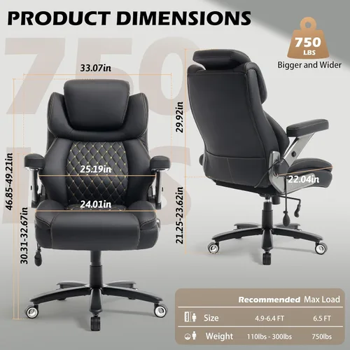 Miniatura 2 de Silla de oficina grande y alta de gran tamaño de 750 libras con reposacabezas ajustable y bolsa de aire lumbar, silla ejecutiva grande con brazos