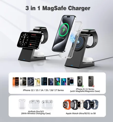 Miniatura 2 de Estación de carga inalámbrica magnética 3 en 1 Apple Cargador de 20W Soporte de carga magnética inalámbrica para iPhone 16 15 14 13 12 Pro/Pro