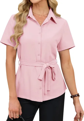 Miniatura 10 de Blooming Jelly Camisa con botones para mujer, cuello con lazo, manga corta, casual, para negocios, blusa de trabajo a la moda de verano