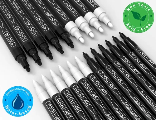 Miniatura 2 de TOOLI-ART Juego de marcadores de pintura acrílica en blanco y negro para pintura de roca, lienzo, tazas, metal, pintura de vidrio, tela, madera