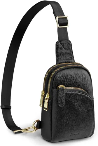 S-ZONE Bolso bandolera para mujer, cangureras de cuero genuino con bloqueo RFID, bolsas cruzadas en el pecho, regalos para mujeres y hombres, Negro