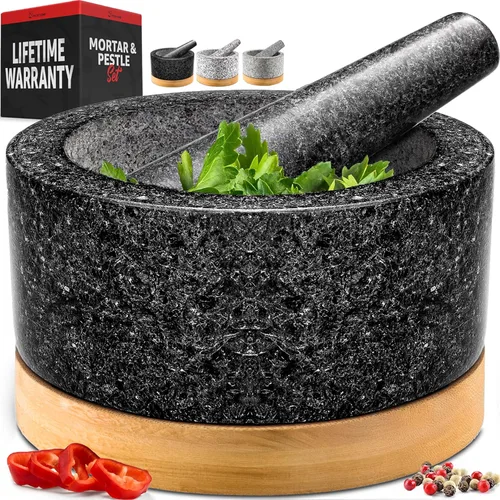 PriorityChef - Juego de mortero y mortero resistente con base de bambú, molinillo de piedra de granito 100% natural, cuenco y triturador de Negro