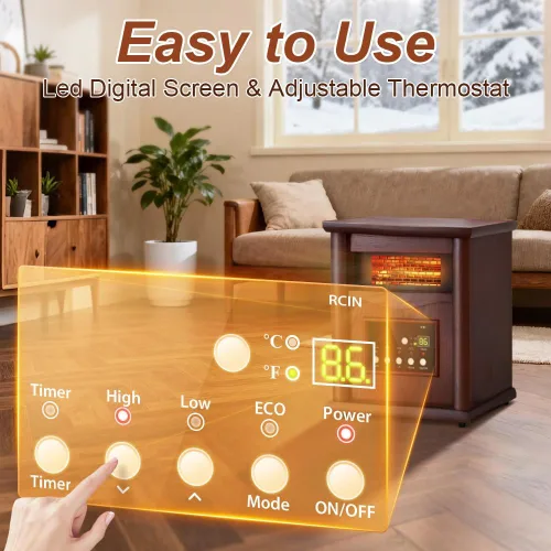 Miniatura 6 de Nordic Hygge Calentador de espacio portátil, calentador infrarrojo eléctrico de 1500 W para uso en interiores, sala de estar, dormitorio, oficina