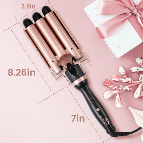 Miniatura 8 de Varita rizadora de triple barril, calentamiento rápido, control de temperatura de 2 LED, apagado automático, ondas playeras y estilo enredador