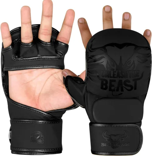 Miniatura 9 de BEAST RAGE Guantes MMA para Hombres Mujeres, Muñequeras Ajustables de Palma Abierta para Artes Marciales Grappling Sparring para Muay Thai Lucha