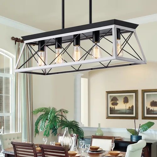 Miniatura 9 de Candelabros de granja para comedor, lámpara rústica para isla de cocina, lámpara colgante lineal de 5 luces, lámpara rectangular, luces de techo