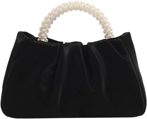Beatfull Bolso de noche para mujer, bolso de mano pequeño con perlas de cuero suave, bolso fruncido para boda, novia, fiesta, baile de graduación,
