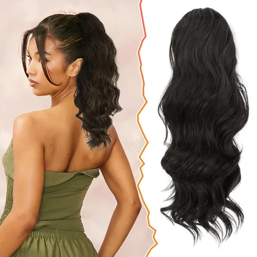Miniatura 16 de BARSDAR Extensión de cola de caballo rojo burdeos, extensiones de cabello ondulado con cordón de 16 pulgadas para mujer, extensiones de cabello