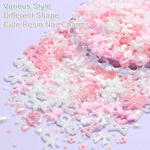 Miniatura 6 de RODAKY 1000 dijes de uñas con lazo, lazo rosa y blanco, corazón, estrella, coqueta, decoración de uñas, cuentas de perlas con parte trasera plana