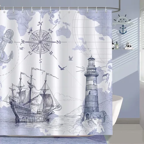 Miniatura 10 de Cortina de Ducha Bonhause Lighthouse, Decoración de Baño Náutica Costera con Velero y Brújula, 72 x 72 Pulgadas, Tela de Poliéster Impermeable