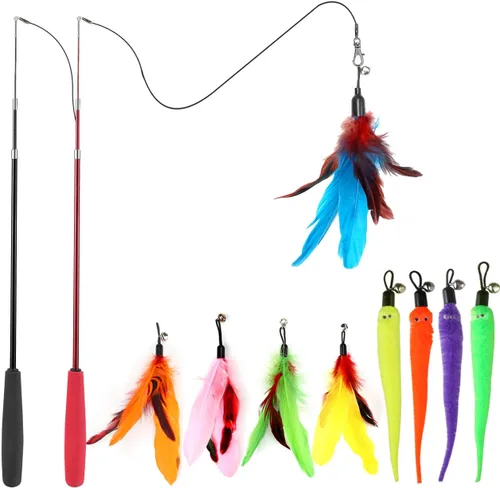 MeoHui Juguetes para gatos de interior, juguete interactivo para gatos, 2 juguetes retráctiles y 9 juguetes de plumas de gato, juguetes divertidos