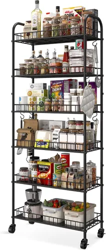Miniatura 16 de Carrito de almacenamiento delgado rodante con ruedas, estantería móvil de metal de 6 niveles, organizador de cocina, carrito utilitario