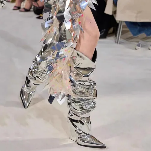 Miniatura 4 de Vertundy Botas altas hasta la rodilla metálicas con punta puntiaguda para mujer, botas altas de tacón alto de charol plisadas, botas largas plisadas
