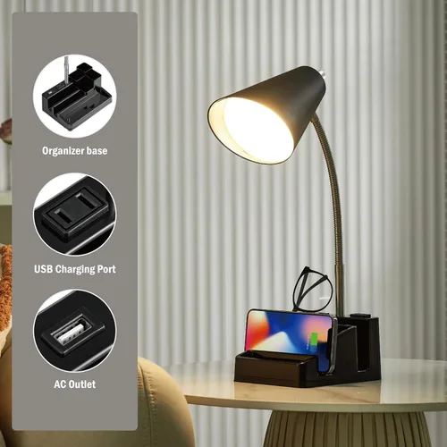 Miniatura 2 de Lámparas de escritorio pequeñas para oficina en casa, lámpara de mesa con puerto USB y tomacorriente, lámpara de escritorio con soporte