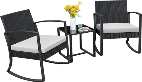 Miniatura 8 de Homall - Juego de muebles de patio de 3 piezas de resina para uso en exteriores - Juego de bistró con sillas de columpio acolchadas y mesa para Negro