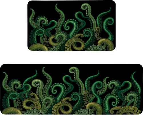 Miniatura 13 de Alfombras de Cocina Vintage Negras y Verdes Botánicas, Juego de 2 Alfombras de Cocina Antideslizantes Lavables, Tapetes de Cocina con Helechos
