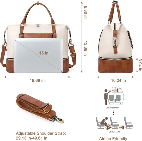 Miniatura 3 de CLUCI Bolsa de fin de semana para mujer, de cuero, grande, con compartimento para zapatos, Beige con marrón.