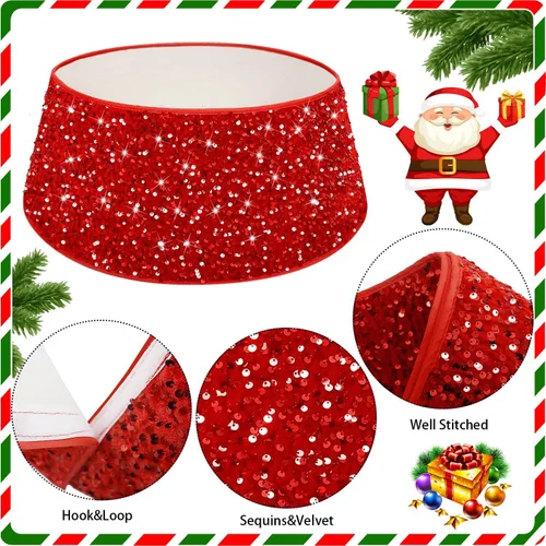 Miniatura 3 de FANPROMS Collares de Árbol de Navidad para Árboles Artificiales Base de 23.6 Pulgadas de Diámetro Falda de Árbol de Lentejuelas Rojas Moderno Anillo